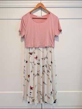 SMALL SHOW Women's Pink Floral Print  Nursing Midi Dress Modest Size Medium